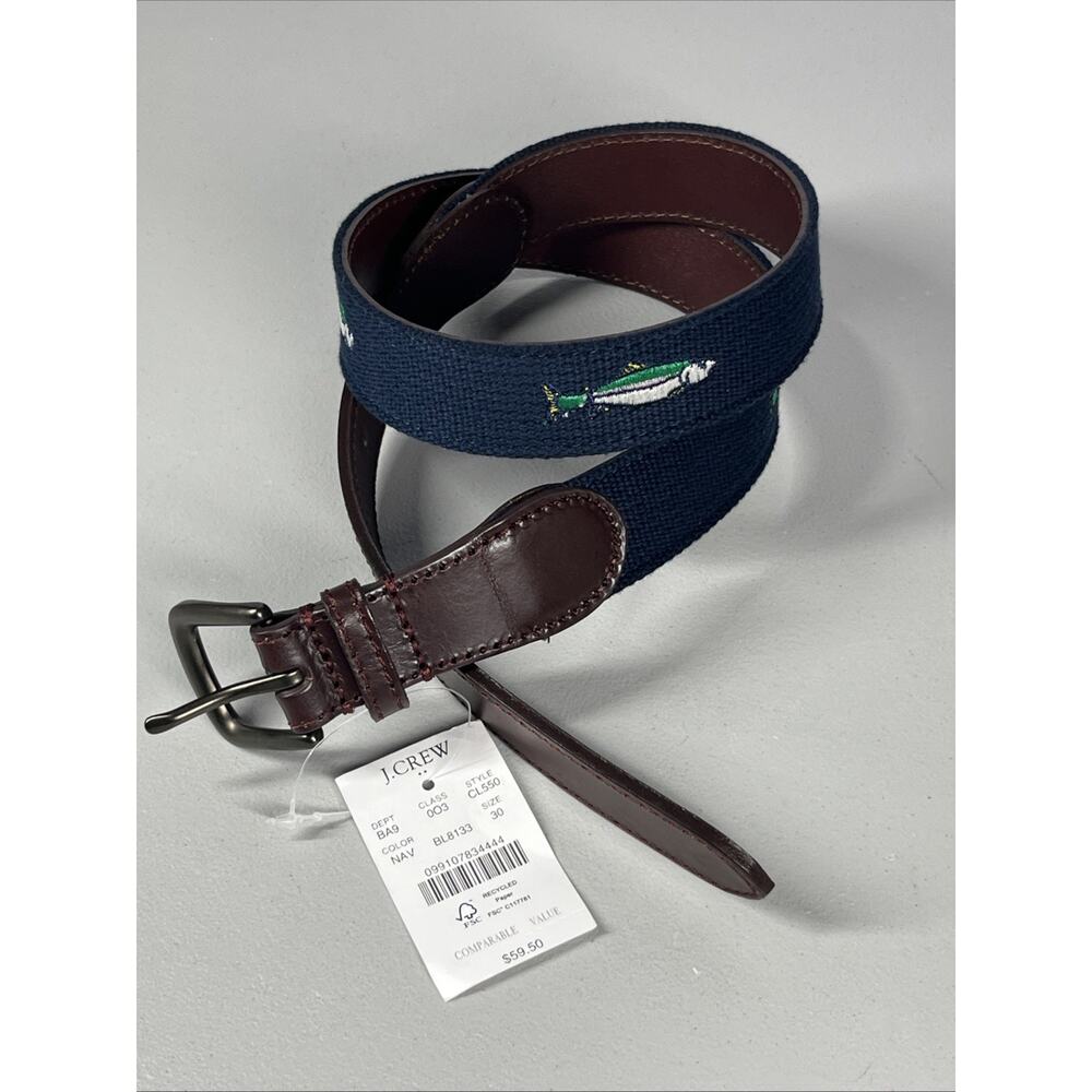 J Crew Leather Backed Fish Belt Mens 30 Blue Brown Cotton Embroidered